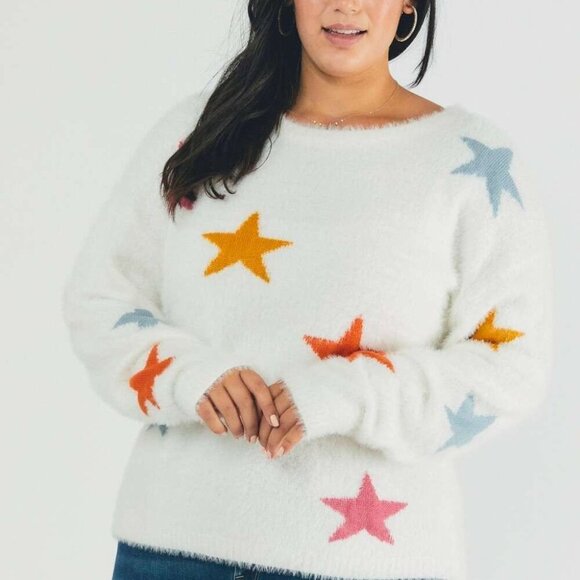 DAVI & DANI Cozy White Fuzzy Knit Sweater with Colorful Star Print, Plus Size - Picture 5 of 8